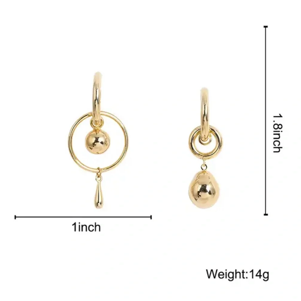 Gold Plated Mismatched Metal Ball Dangle Drop Earrings - Picture 10 of 10